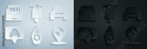 Set Car key with remote, Map pointer taxi, Scooter and Laptop call service icon. Vector