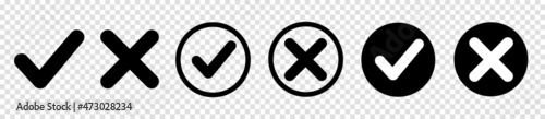 Set approval check mark and cross icons in circle and square, checklist signs, flat checkmark approval badge, isolated tick symbols - stock vector
