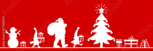 Christmas card with Santa Claus, Christmas elves, snowman, Christmas tree and gifts on red background - stock vector