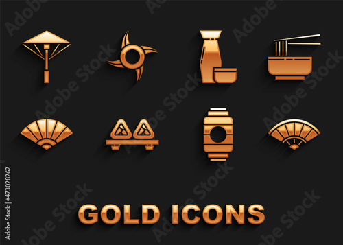 Set Sushi on cutting board, Paper chinese or japanese folding fan, Japanese paper lantern, Traditional tea ceremony, umbrella from the sun and ninja shuriken icon. Vector
