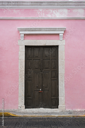 Pretty Pink House Brown Wooden Door