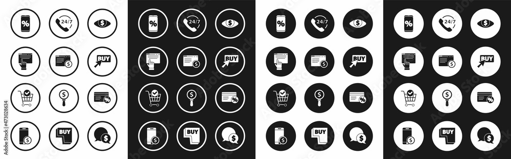 Set Eye with dollar, Online shopping on screen, Percent discount and mobile, Buy button, Telephone 24 hours support, Discount card percent and Shopping cart check mark icon. Vector Set Eye with dollar, Online shopping on screen, Percent discount and mobile, Buy button, Telephone 24 hours support, Discount card percent and Shopping cart check mark icon. Vector