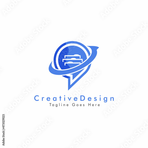 Chat box Logo design abstract with a pile of archives and planetary concept