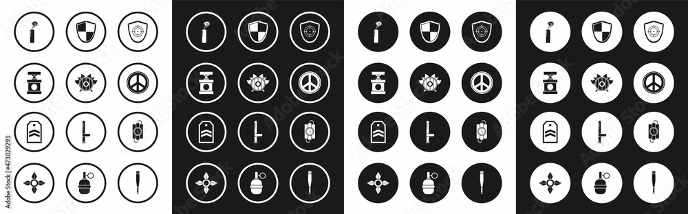 Set Target sport, Medieval shield with crossed axes, Handle detonator for dynamite, Dynamite bomb stick clock, Peace, Shield, timer and Chevron icon. Vector Set Target sport, Medieval shield with crossed axes, Handle detonator for dynamite, Dynamite bomb stick clock, Peace, Shield, timer and Chevron icon. Vector