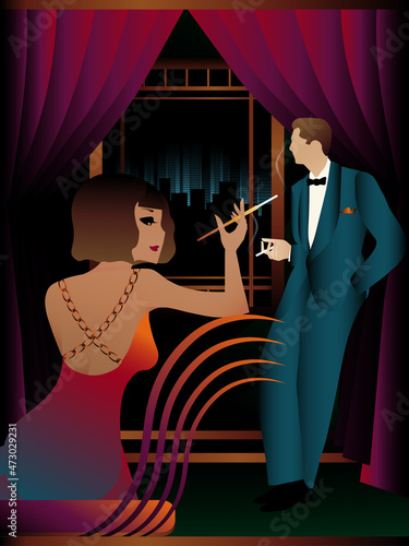 Young woman and man smoke cigarettes. Retro. Art Deco