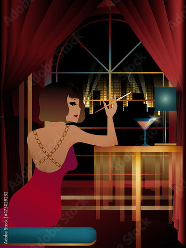 Young woman in red dress smoke cigarettes. Retro. Art Deco