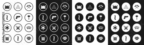 Set Crossed medieval axes, Pistol or gun, Military knife, Viking in horned helmet, Battle hammer, Japanese ninja shuriken, Brass knuckles and Police badge icon. Vector