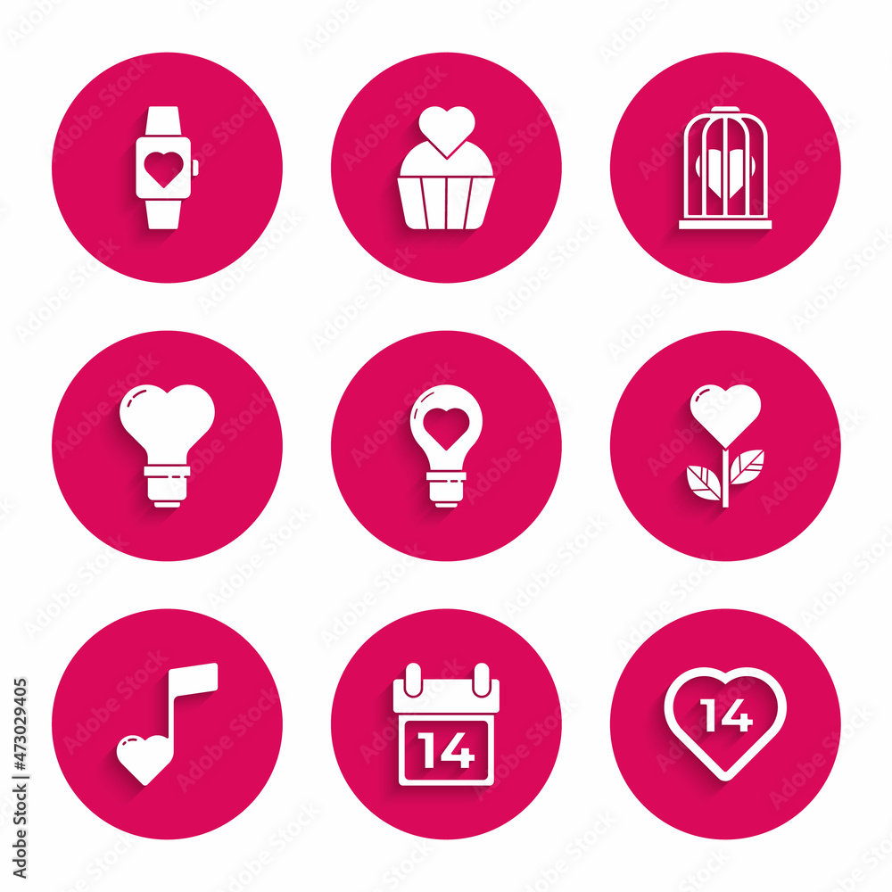 Set Heart shape in a light bulb, Calendar with February 14, flower, Music note, tone hearts, the bird cage and center wrist watch icon. Vector Set Heart shape in a light bulb, Calendar with February 14, flower, Music note, tone hearts, the bird cage and center wrist watch icon. Vector