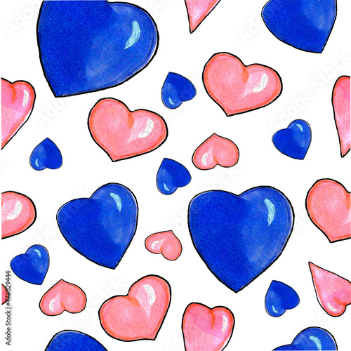 Seamless pattern with blue and pink watercolor hearts. Background romantic design. for greeting cards and invitations of the wedding, birthday, Valentine's Day, mother's day