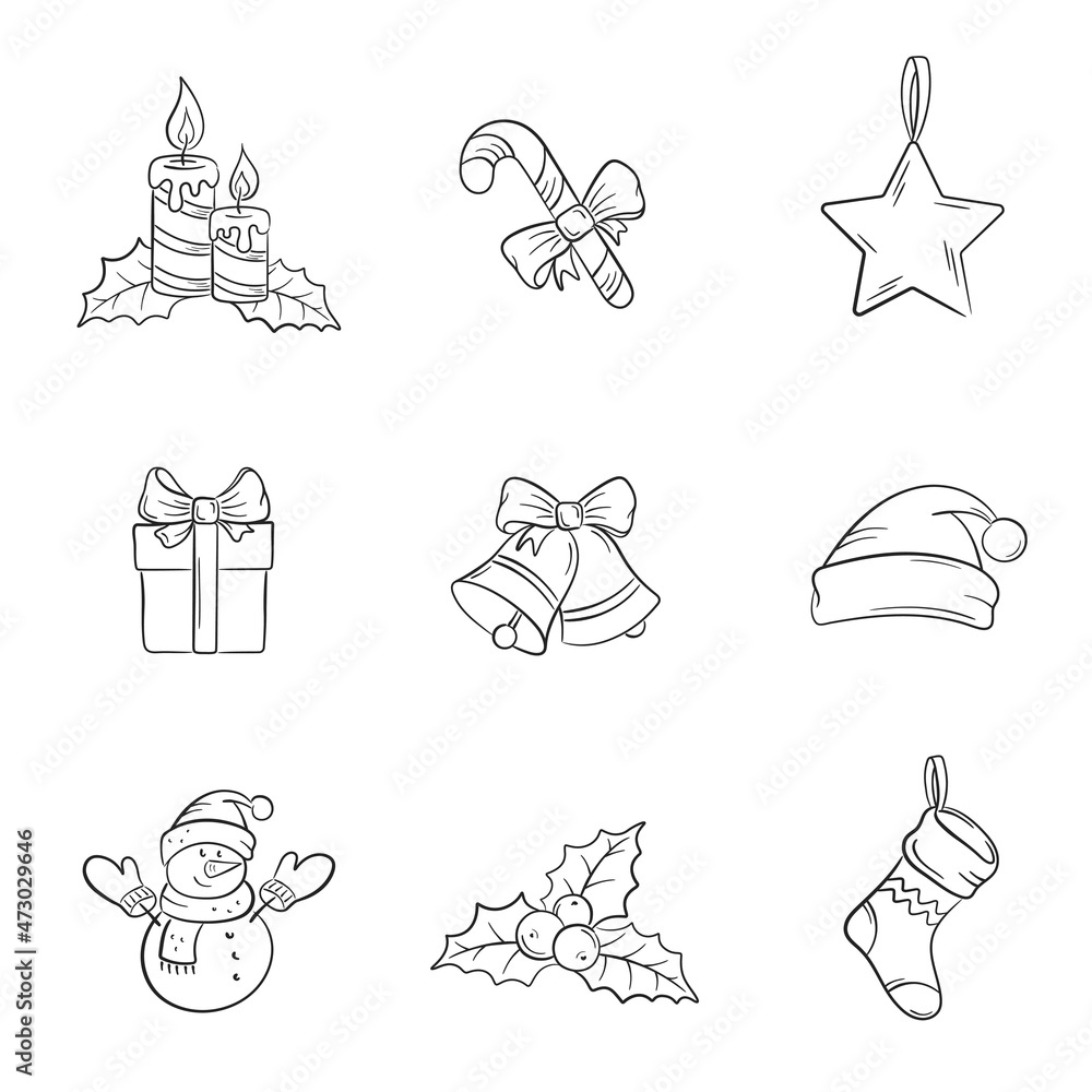 Fototapeta premium hand drawn christmas elements set. gift, snowman, holly berry, candles and bells. illustration for christmas design