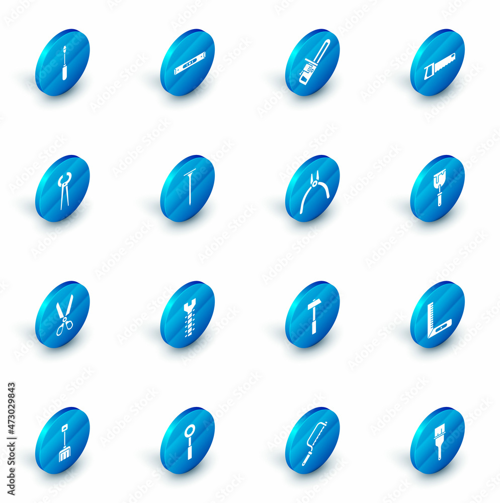 Set Construction bubble level, Chainsaw, Hand, Pincers pliers, Scissors, Metallic nail, Putty knife and Pliers tool icon. Vector Set Construction bubble level, Chainsaw, Hand, Pincers pliers, Scissors, Metallic nail, Putty knife and Pliers tool icon. Vector