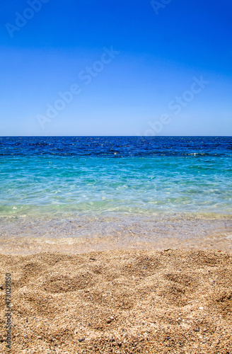 The view of beach  clear sea and blue sky in Greece