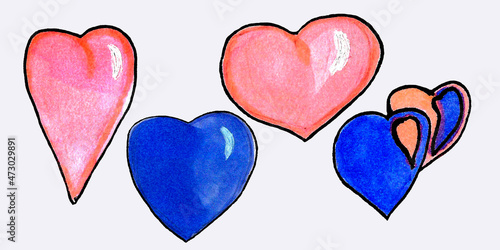 Valentin day and Wedding Day Set of watercolor pink, blue painted heart, handdraw element for your design