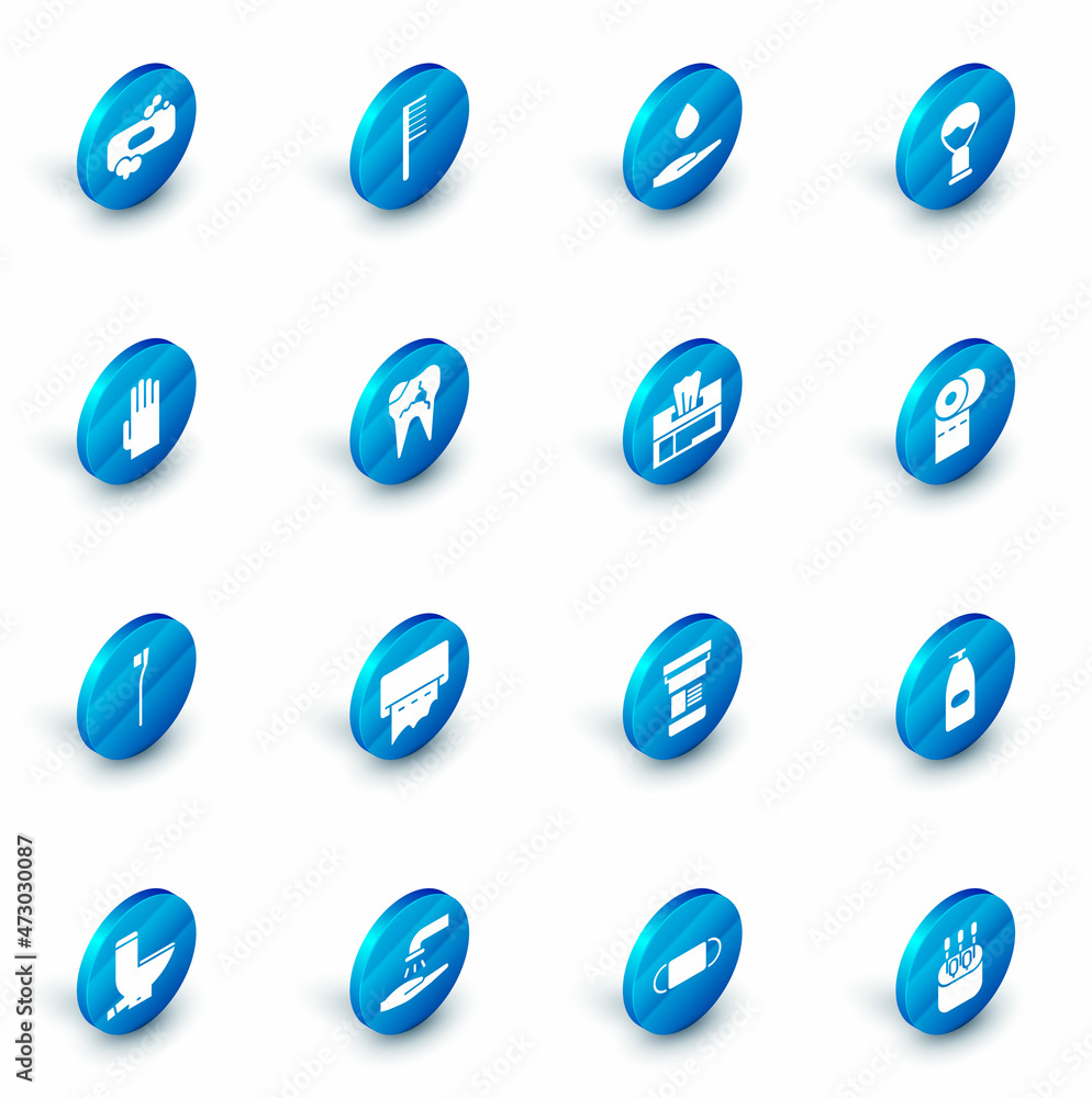 Set Hairbrush, Washing hands with soap, Shaving, Rubber gloves, Toothbrush, Broken tooth, Toilet paper roll and Wet wipe pack icon. Vector Set Hairbrush, Washing hands with soap, Shaving, Rubber gloves, Toothbrush, Broken tooth, Toilet paper roll and Wet wipe pack icon. Vector