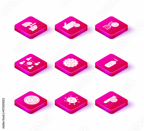 Set Virus, spread, Test tube with virus, Bottle of liquid antibacterial soap, DNA symbol and and Hand icon. Vector