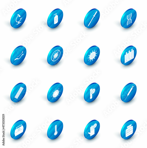 Set Bottle of liquid antibacterial soap, Pipette, DNA symbol, Ebola virus disease, Pills in blister pack, Stop, Blood test and and Virus icon. Vector