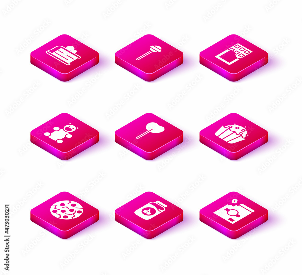 Set Cookie or biscuit, Cherry jam jar, Jelly bear candy, Lollipop, Candy packaging for sweets, Cupcake, Chocolate bar and icon. Vector Set Cookie or biscuit, Cherry jam jar, Jelly bear candy, Lollipop, Candy packaging for sweets, Cupcake, Chocolate bar and icon. Vector
