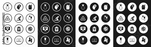 Set Astronomical observatory, Telescope, Triangle with radiation, Test tube and flask, Head electric symbol, Virus and Radioactive in location icon. Vector