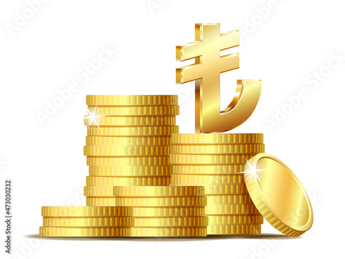 Stack of coins with Shiny golden Turkish Lira Sign currency symbol.