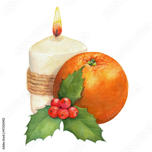 Christmas composition: candle, orange and a sprig of mistletoe.
