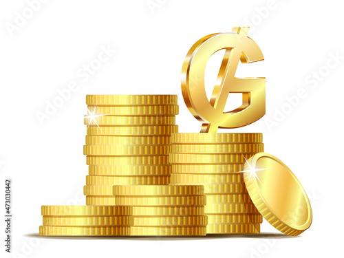 Stack of coins with Gold shiny Paraguayan guarani currency symbol.
