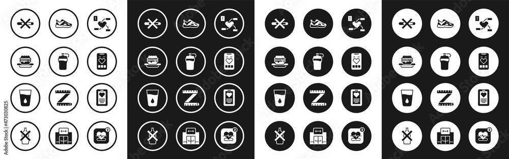 Set Attention to health heart, Fitness shaker, Junk food, No Smoking, Mobile with rate, Sport sneakers, Medical clipboard and Glass water icon. Vector