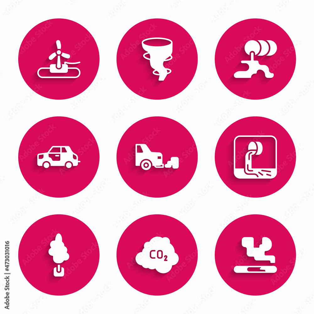 Set Car exhaust, CO2 emissions in cloud, Cigarette, Wastewater, Tree, Barrel oil leak and Wind turbine icon. Vector Set Car exhaust, CO2 emissions in cloud, Cigarette, Wastewater, Tree, Barrel oil leak and Wind turbine icon. Vector