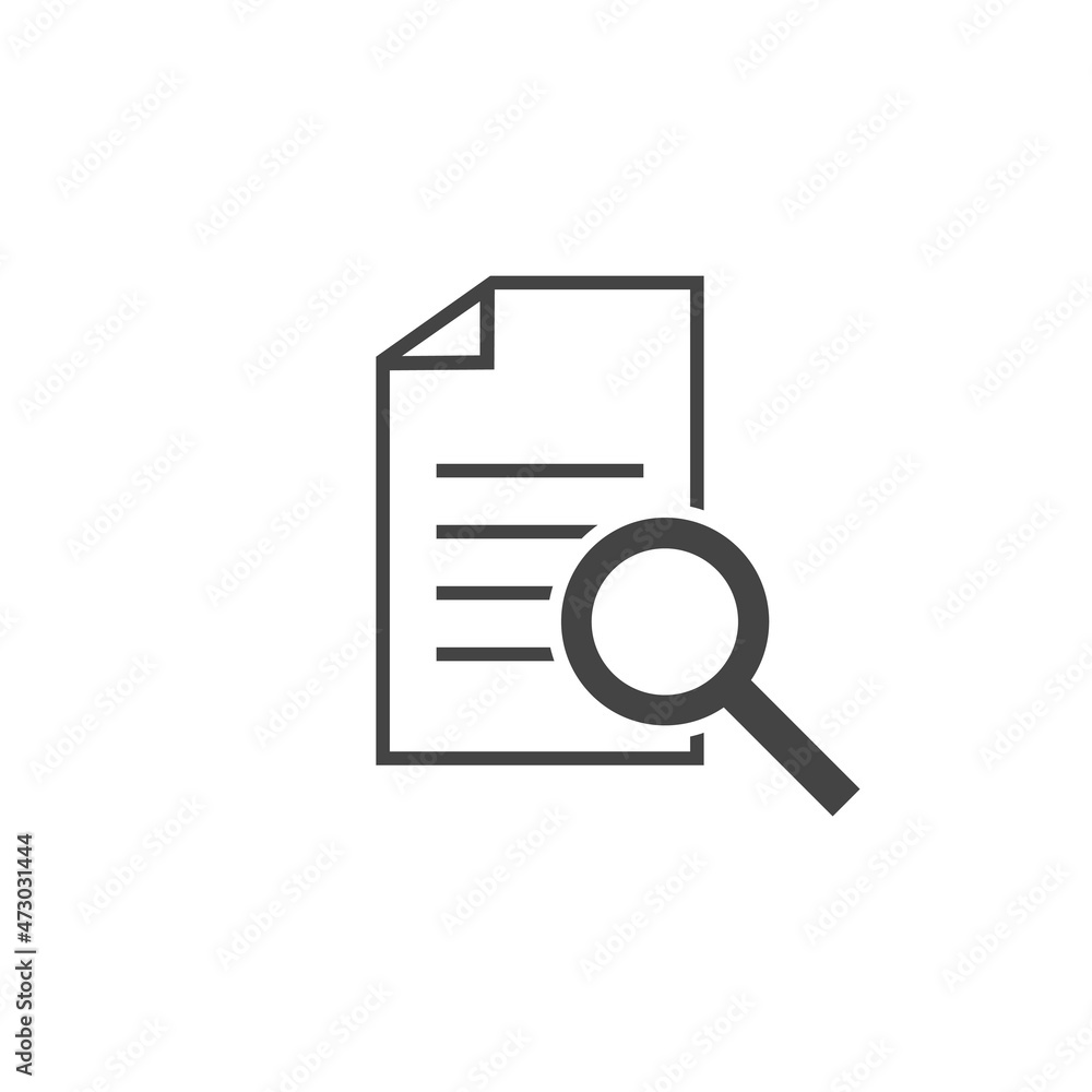 Vector document icon and magnifier. File search icon. Document verification symbol on white isolated background. Vector document icon and magnifier. File search icon. Document verification symbol on white isolated background.