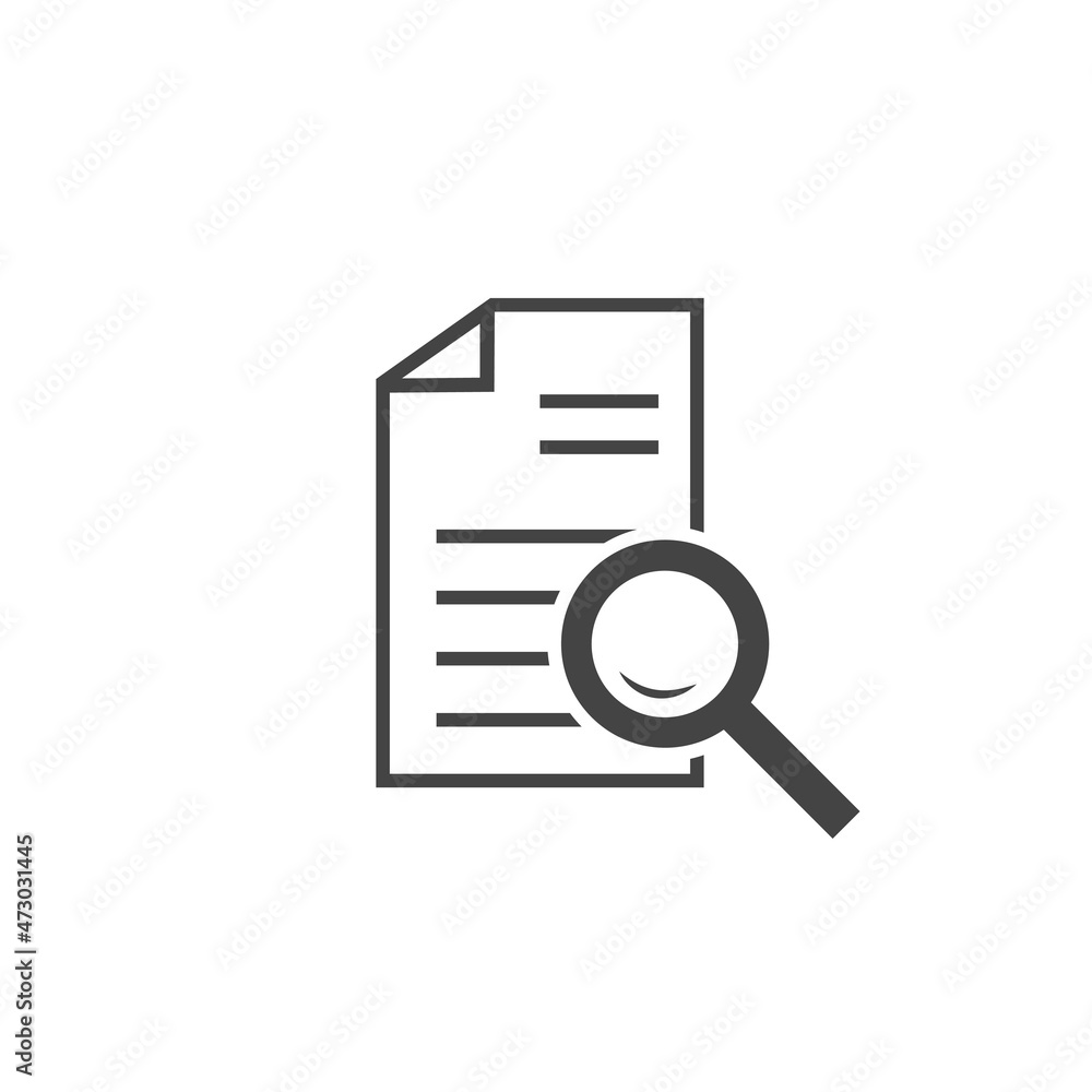 Vector document icon and magnifier. File search icon. Document verification symbol on white isolated background. Vector document icon and magnifier. File search icon. Document verification symbol on white isolated background.
