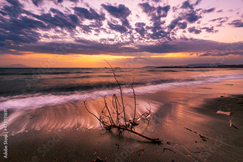Long exposure at sunset and tulle effect of waves