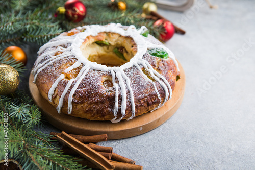 Epiphany cake, Kings cake, Roscon de reyes or Rosca de reyes. Traditional spanish christmas cake.
