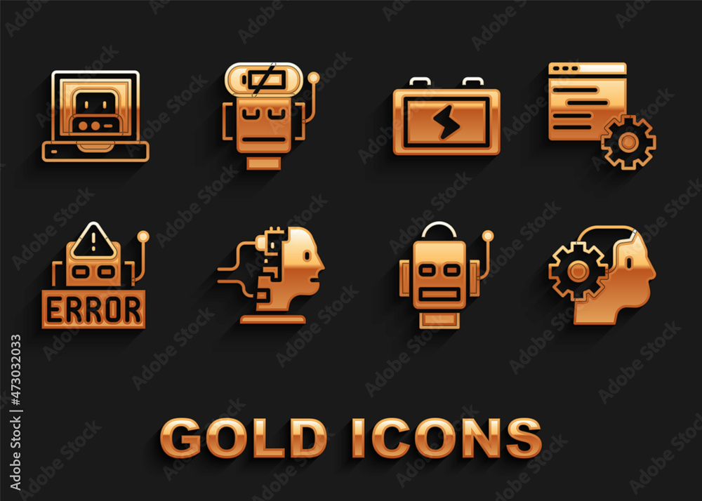 Set Robot for maintenance, Computer api interface, Humanoid robot, Error, Battery, Creating and low battery charge icon. Vector Set Robot for maintenance, Computer api interface, Humanoid robot, Error, Battery, Creating and low battery charge icon. Vector