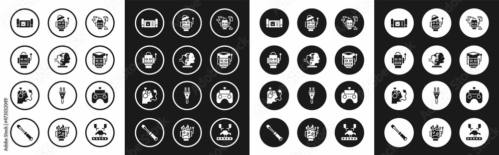Set Robot, for maintenance, blueprint, Remote control and charging battery icon. Vector Set Robot, for maintenance, blueprint, Remote control and charging battery icon. Vector