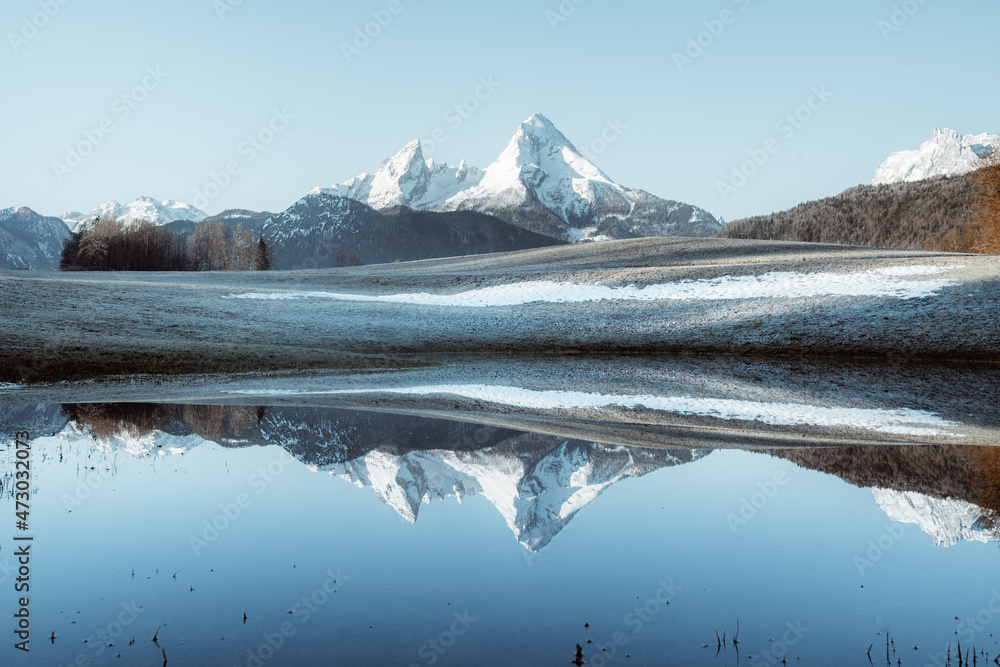 Watzmann mountain peak reflecting in lake, Berchtesgadener Land, Bavaria, Germany