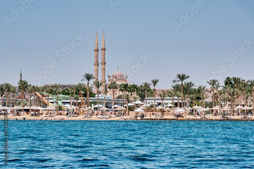 View from Red Sea to Sharm El Maya Beach and El Sahaba Mosque. Sharm El Sheikh, Egypt