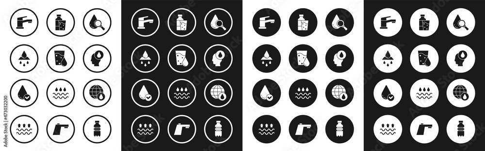 Set Drop and magnifying glass, Glass with water, Recycle clean aqua, Water tap, drop, Bottle of, Earth planet and icon. Vector