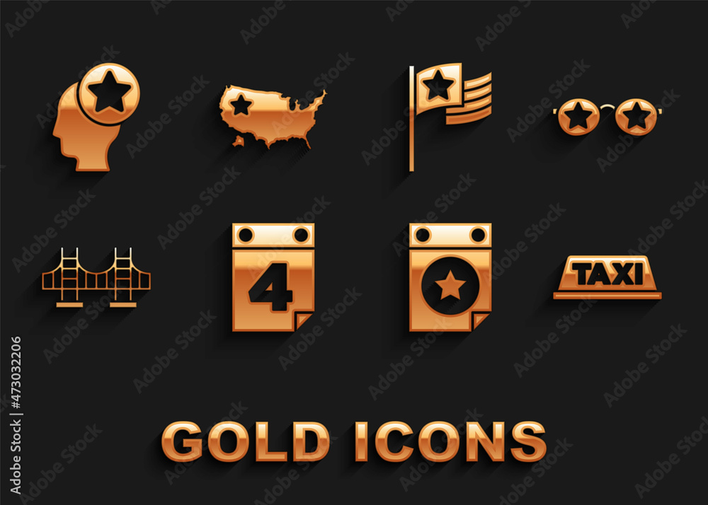 Set Calendar with date July 4, Glasses stars, Taxi car roof, Golden gate bridge, American flag, USA Head and map icon. Vector Set Calendar with date July 4, Glasses stars, Taxi car roof, Golden gate bridge, American flag, USA Head and map icon. Vector