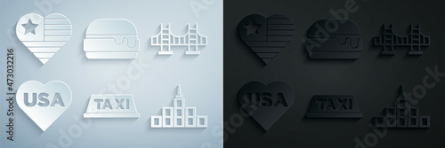 Set Taxi car roof, Golden gate bridge, USA Independence day, City landscape, Burger and icon. Vector