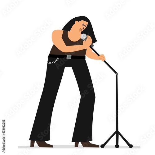 Rock singer with microphone flat vector illustration isolated on white. Man rock star on stage, male lead vocal performing on concert. Fun emotional solo musician with mic, black outfit