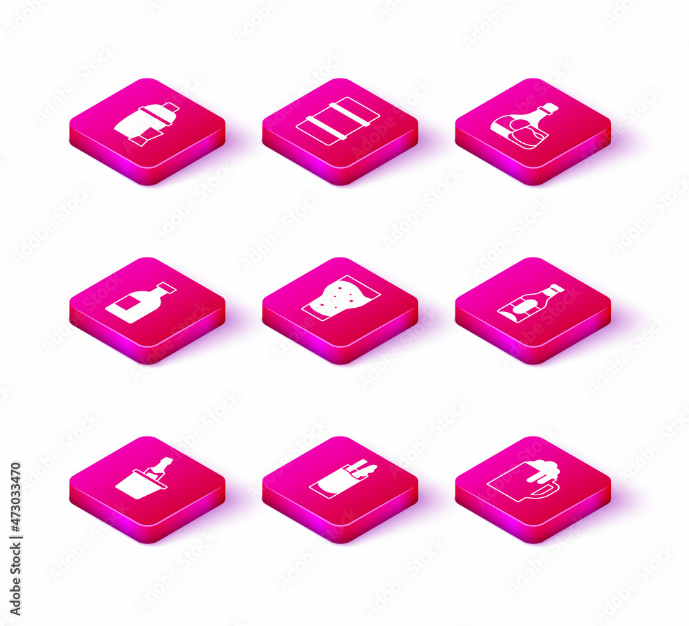 Set Champagne in an ice bucket, Cocktail Bloody Mary, Glass bottle of vodka, beer, Wooden mug, Beer, Whiskey and glass and Metal keg icon. Vector Set Champagne in an ice bucket, Cocktail Bloody Mary, Glass bottle of vodka, beer, Wooden mug, Beer, Whiskey and glass and Metal keg icon. Vector