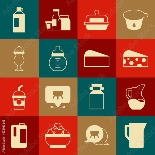 Set Milk jug or pitcher, Cheese, Butter in a butter dish, Baby milk bottle, Milkshake, Whipped cream and icon. Vector