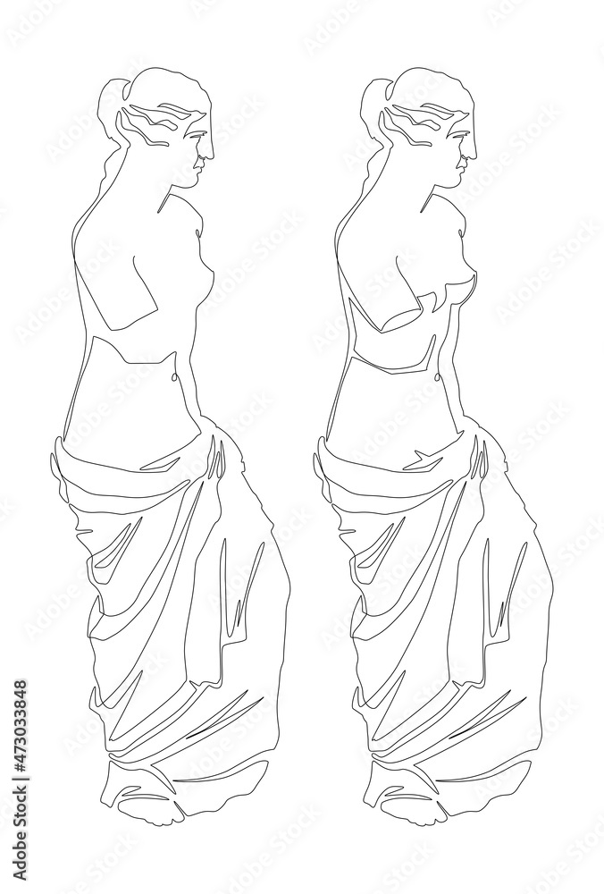 Venus de Milo. Aphrodite from the island of Melos. Continuous line drawing. Vector illustration.