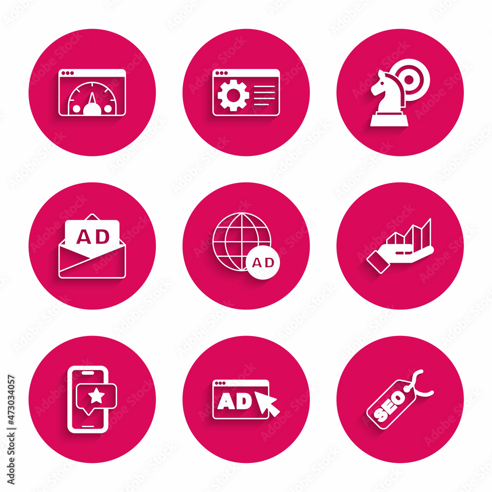 Set Advertising, SEO optimization, Pie chart infographic, Mobile with review rating, Chess and Website statistic icon. Vector Set Advertising, SEO optimization, Pie chart infographic, Mobile with review rating, Chess and Website statistic icon. Vector