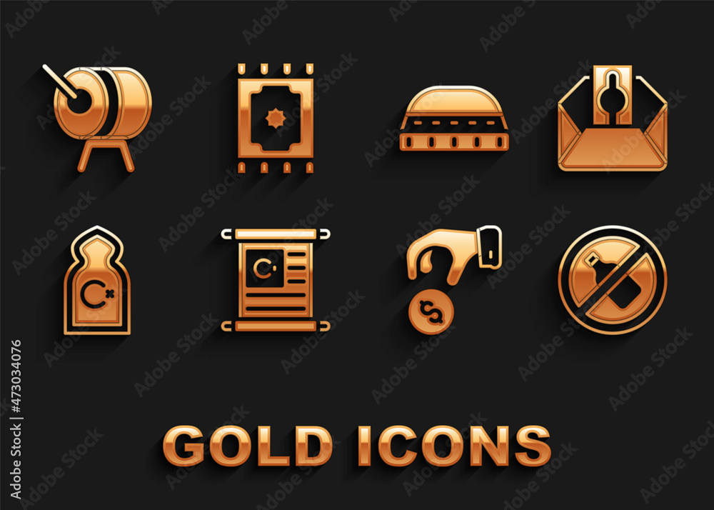 Set Holy book of Koran, Donate pay your zakat, No alcohol, Muslim Mosque, hat for prayer, Ramadan drum and Traditional carpet icon. Vector Set Holy book of Koran, Donate pay your zakat, No alcohol, Muslim Mosque, hat for prayer, Ramadan drum and Traditional carpet icon. Vector