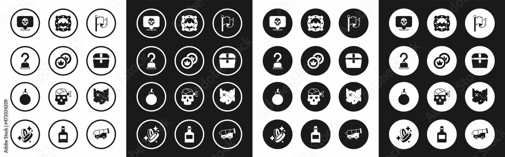 Set Pirate flag, coin, hook, Skull, Antique treasure chest, Ship porthole with seascape, map and Bomb ready to explode icon. Vector Set Pirate flag, coin, hook, Skull, Antique treasure chest, Ship porthole with seascape, map and Bomb ready to explode icon. Vector