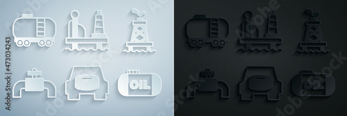 Set Spare wheel in the car, Oil rig, Metallic pipes and valve, tank storage, platform sea and railway cistern icon. Vector