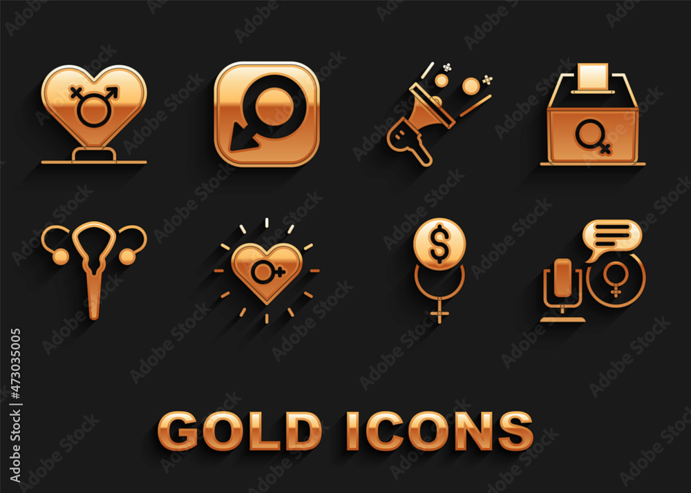 Set Feminism, Female vote right, Microphone, finance, reproductive system, Feminist activist, Gender and Male gender icon. Vector Set Feminism, Female vote right, Microphone, finance, reproductive system, Feminist activist, Gender and Male gender icon. Vector