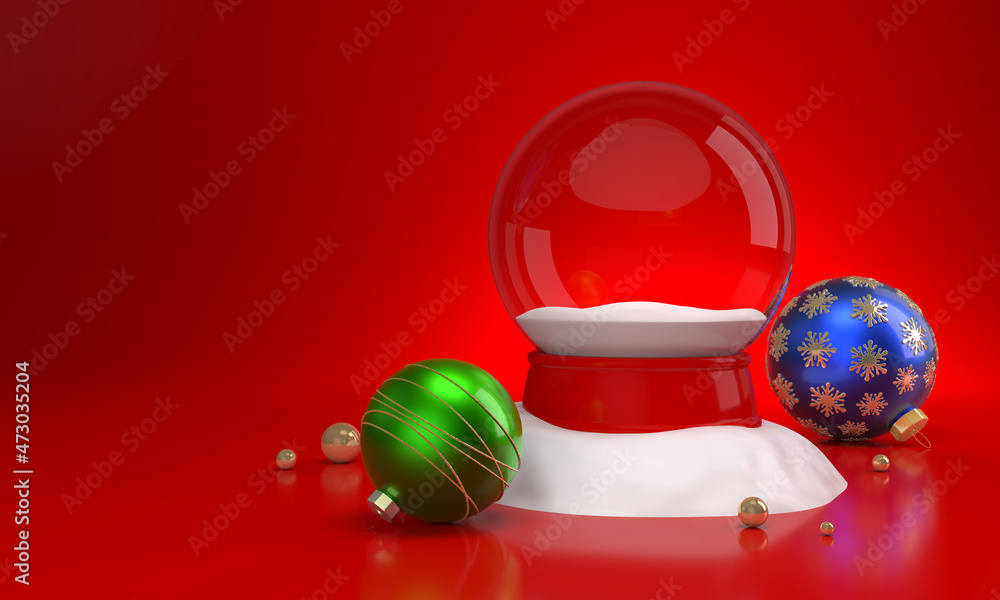 Snow globe with christmas balls on red background. 3D illustration
