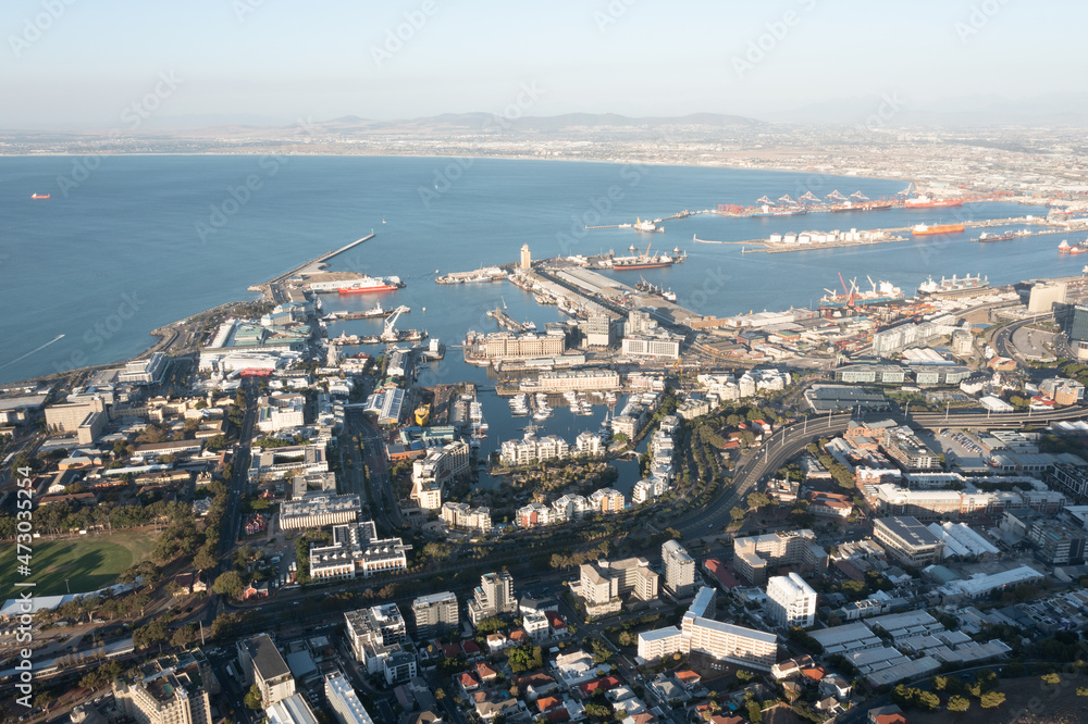 Cape town, South Africa - 5 March 2021: Aerial view of city harbour and waterfront area