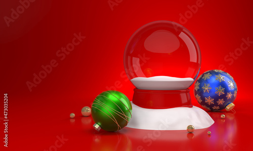 Obraz na płótnie Snow globe with christmas balls on red background. 3D illustration w salonie